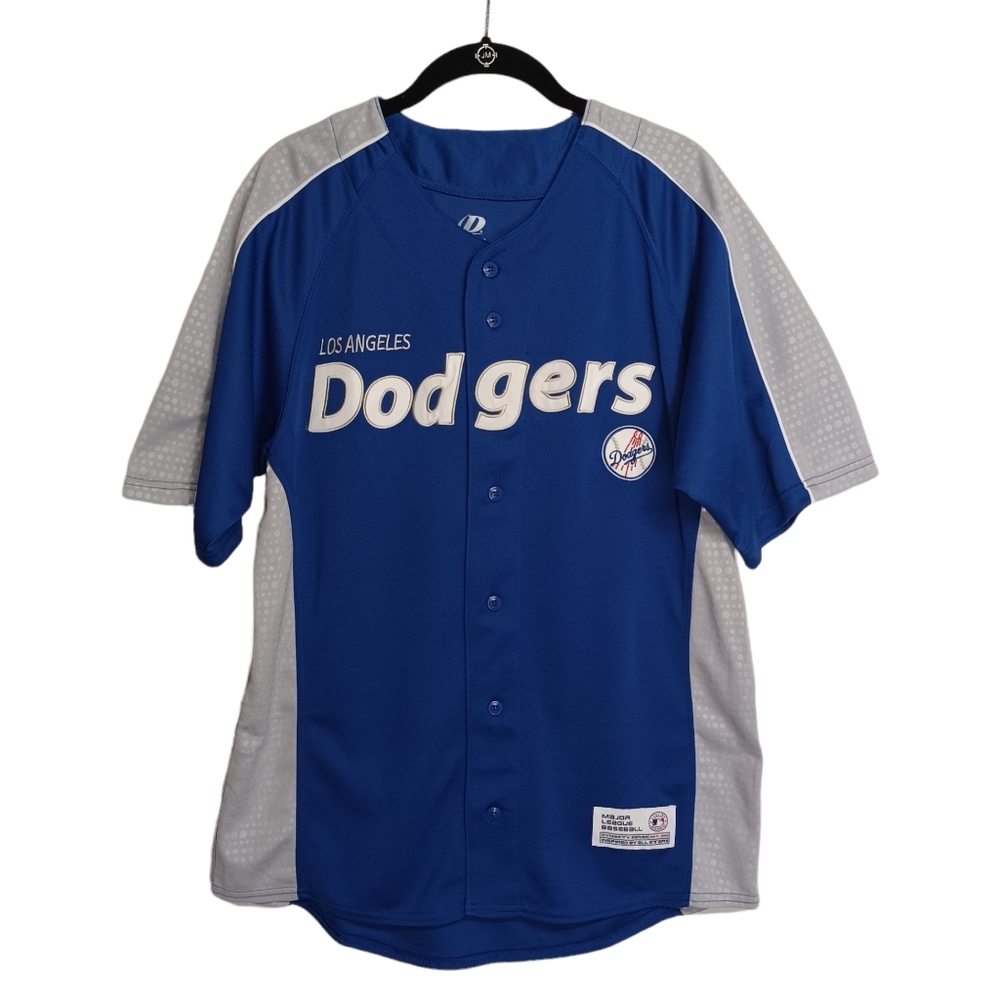 DYNASTY Dodgers Los Angeles Royal Blue Gray Spellout Short Sleeve Button Jersey